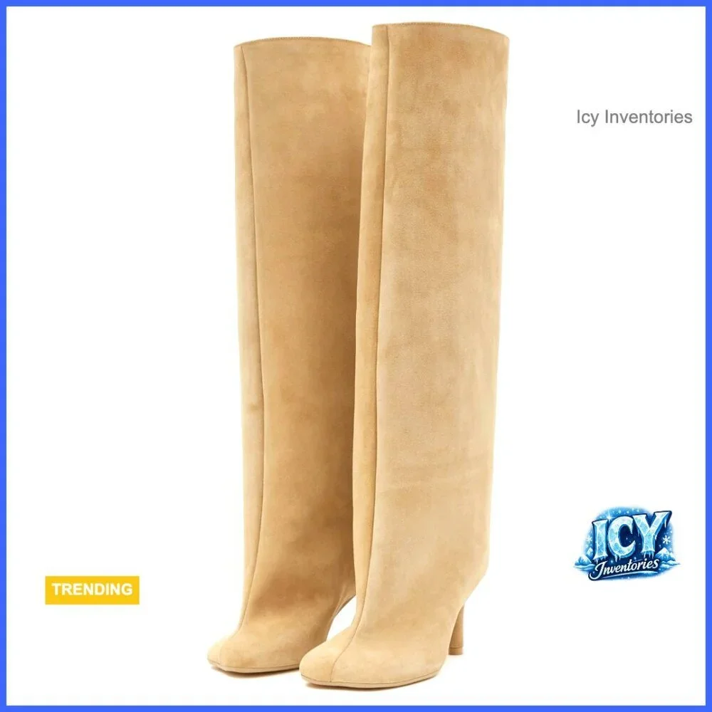 Suede Knee High Boots Wide Calf Square Toe Slouchy Fashion Booties
